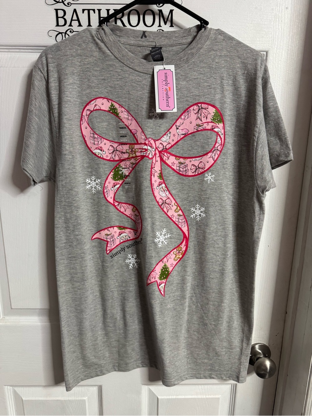 Simply Southern Gray Tee with Pink Ribbon Bow Graphic